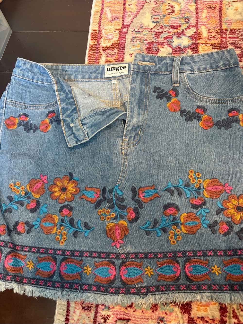 Umgee Denim Mini Skirt with Multicolor Floral Embroidery